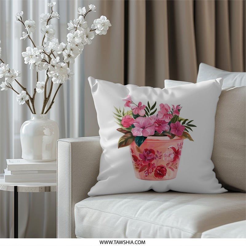 Floral Pillow, Flower Pot Design, Pink Flowers Accent Pillow, Decorative Throw Pillow, Housewarming Gift, Botanical Cushion, Floral Home - Tawshia