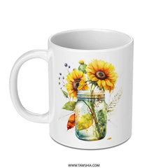 Sunflower Mug, Floral Watercolor Design, Mason Jar Art, Coffee Mug, Tea Cup, Gift Idea, Unique Present, Flower Lover Gift - Tawshia