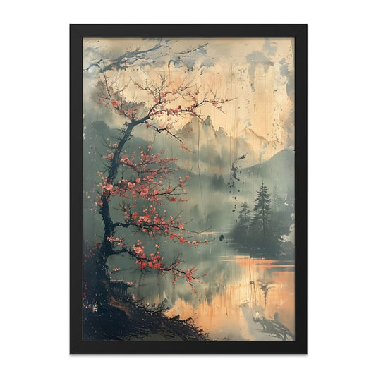 Japanese Cherry Blossom Wall Art, Mountain Lake Scene Print, Tranquil Landscape Painting, Serene Wall Decor, Nature Inspired Artwork - Tawshia