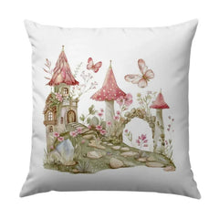 Fairy Tale Pillow, Mushroom House, Butterfly Pillow, Fantasy Castle Decor, Whimsical Home Decor Pillow, Kids Room Decor Pillow - Tawshia
