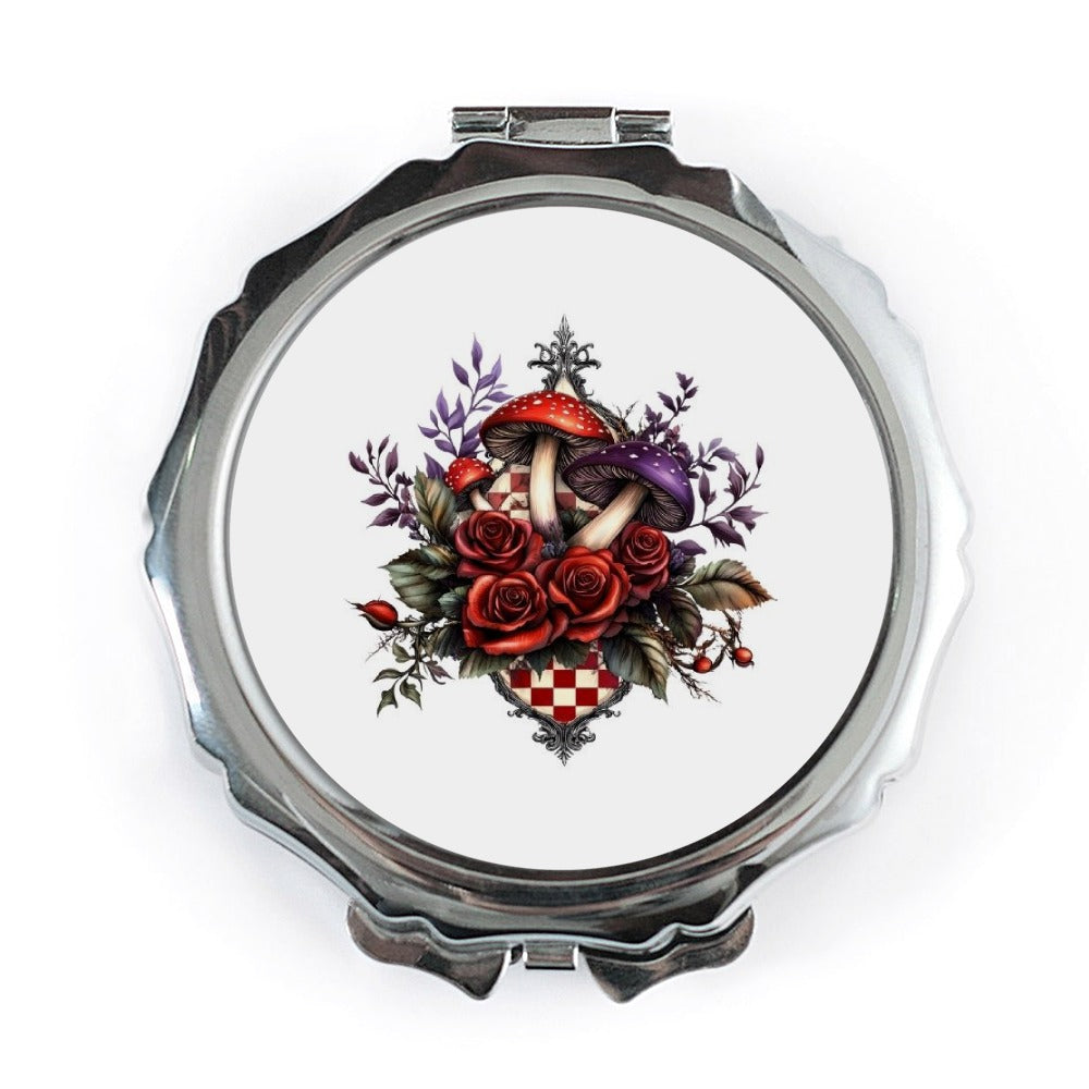 Mushroom and Roses Pocket Mirror, Floral Compact Mirror, Checkerboard Design, Travel Mirror, Makeup Mirror, Gift for Her - Tawshia