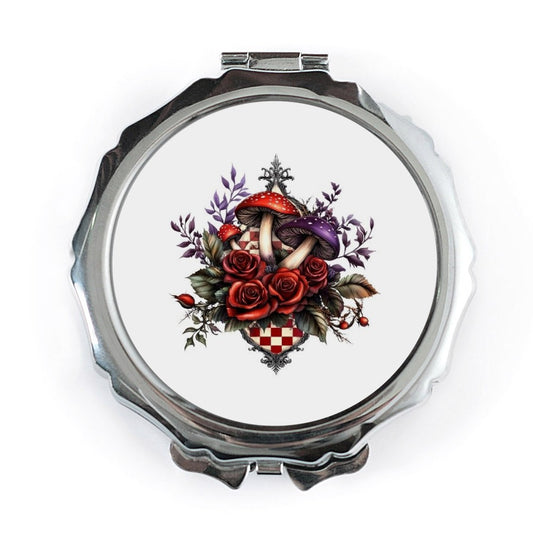 Mushroom and Roses Pocket Mirror, Floral Compact Mirror, Checkerboard Design, Travel Mirror, Makeup Mirror, Gift for Her - Tawshia