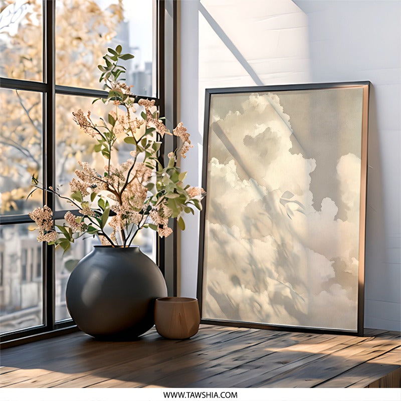 Cloudscape Wall Art, Celestial Art Print, Neutral Toned Cloud Artwork, Dreamy Sky Art, Atmospheric Cloud Painting, Serene Wall Decor - Tawshia