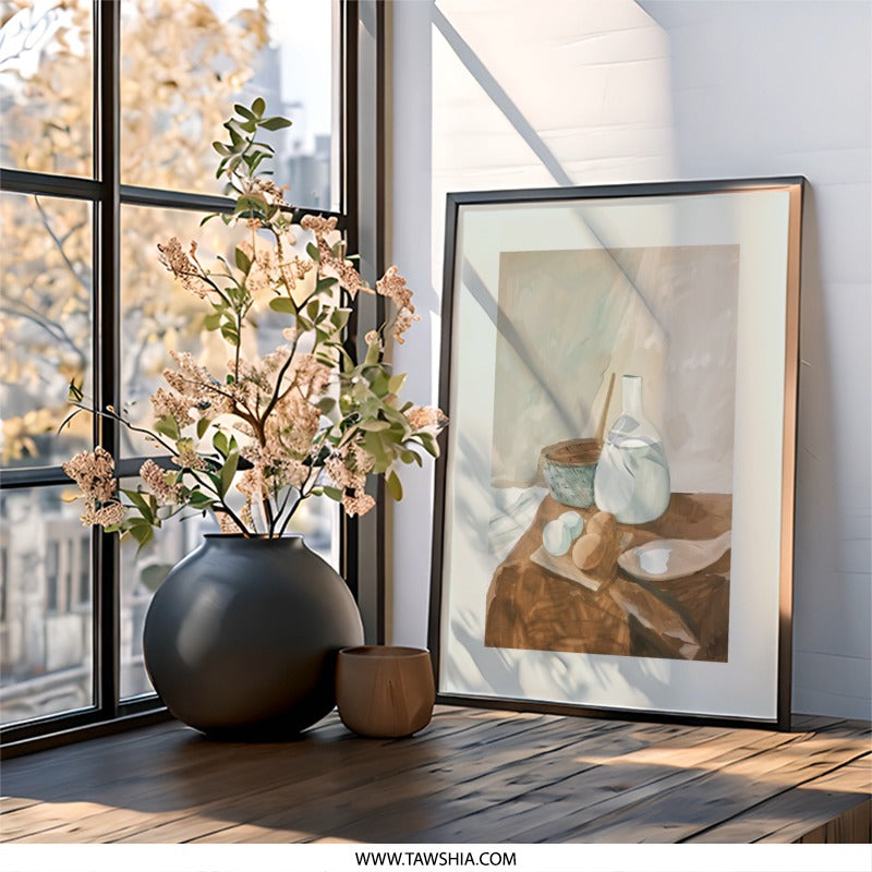 Still Life Wall Art, Kitchen Wall Decor, Milk and Eggs Print, Rustic Wall Decor, Farmhouse Art, Minimalist Painting, Neutral Tones Art Print - Tawshia
