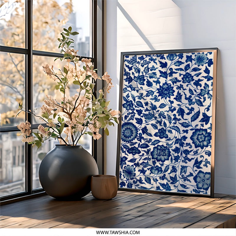 Blue Floral Wall Art, Chinoiserie Pattern Print, Botanical Wall Decor, Traditional Home Art, Elegant Flower Design, Classic Wall Art - Tawshia