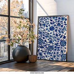 Blue Floral Wall Art, Chinoiserie Pattern Print, Botanical Wall Decor, Traditional Home Art, Elegant Flower Design, Classic Wall Art - Tawshia