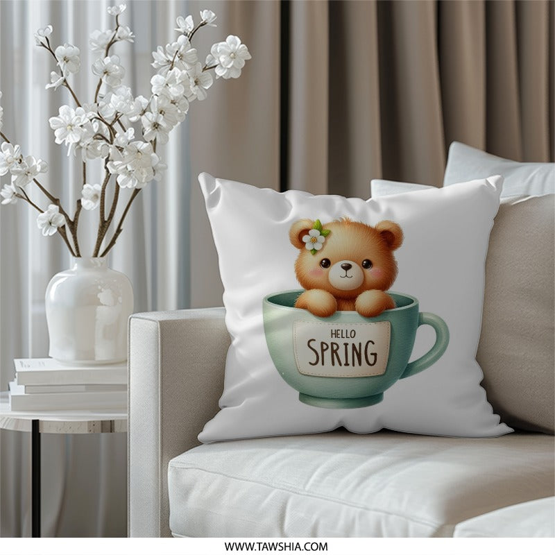 Spring Bear Pillow, Cute Teddy in Cup, Hello Spring Throw Pillow, Seasonal Decor, Whimsical Home Accent - Tawshia