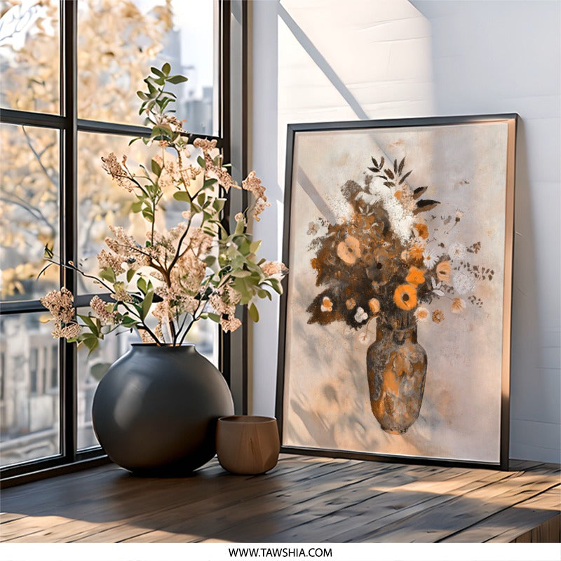 Floral Wall Art, Vase Painting, Flower Bouquet Print, Rustic Home Decor, Botanical Art Print, Modern Wall Decor, Unique Wall Hanging - Tawshia