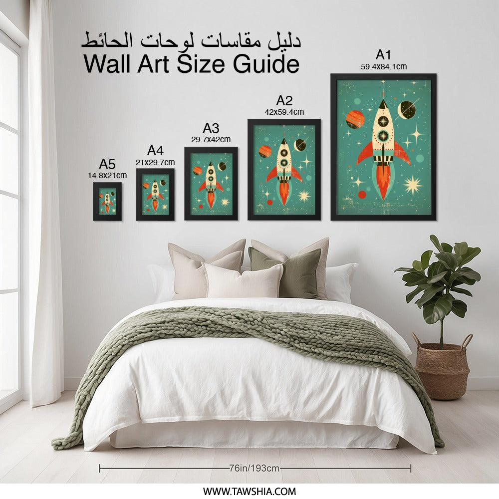 Retro Rocket Wall Art, Space Print, Mid Century Modern Art, Sci Fi Decor, Kids Room Art, Nursery Art, Space Theme, Outer Space Art - Tawshia