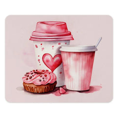 Pink Donut and Coffee Watercolor Mouse Pad, Cute Desk Decor, Food Illustration, Valentine's Gift, Sweet Treat Design Mousepad - Tawshia