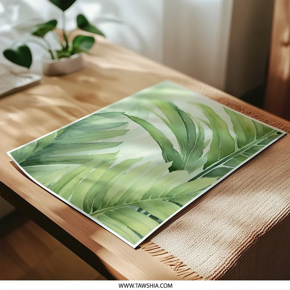 Tropical Leaves Photographic Print, Green Leaf Wall Art, Watercolor Palm Leaves, Botanical Art Print, Lush Foliage Photo, Home Decor - Tawshia