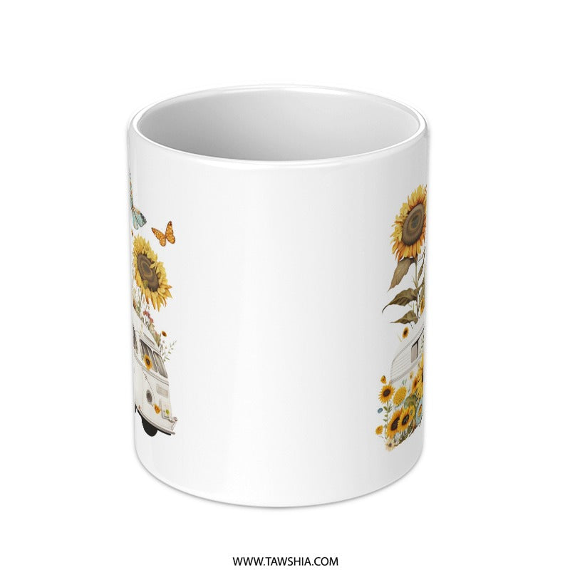 Sunflower VW Van Mug, Boho Hippie Mug, Floral Camper Mug, Cute Butterfly Coffee Mug, Road Trip Gift, Nature Lover Gift, Summer Mug - Tawshia