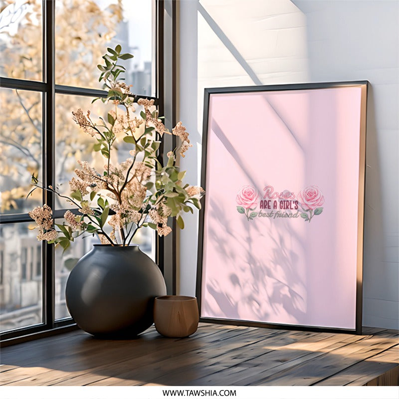 Roses Are A Girl's Best Friend Wall Art, Pink Rose Flower Print, Floral Wall Decor, Girly Room Decor, Trendy Home Decor, Gift for Her - Tawshia