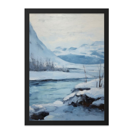 Winter Landscape Wall Art, Snowy Mountain Scene, Frozen River Painting, Scandinavian Inspired Artwork, Home Decor Print - Tawshia