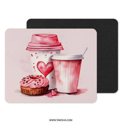 Pink Donut and Coffee Watercolor Mouse Pad, Cute Desk Decor, Food Illustration, Valentine's Gift, Sweet Treat Design Mousepad - Tawshia