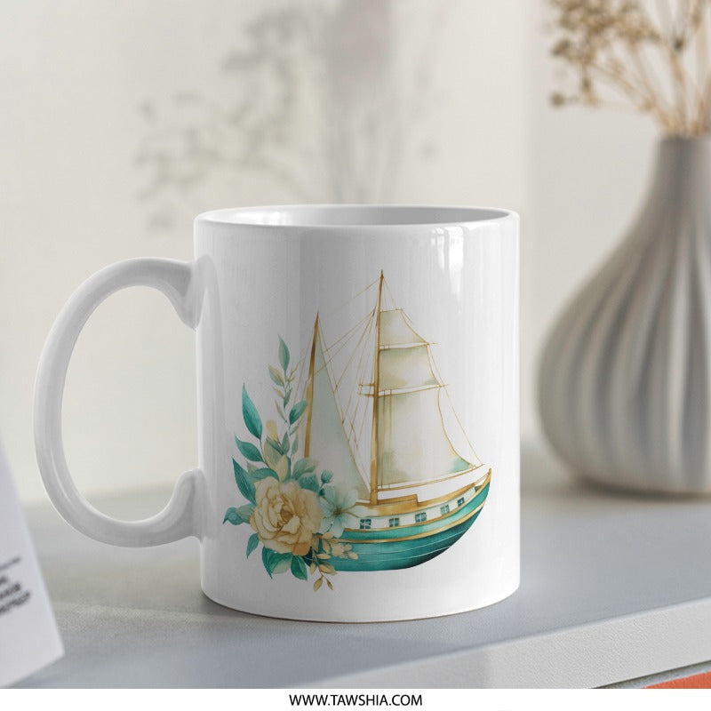 Floral Sailboat Mug, Nautical Coffee Cup, Watercolor Sailing Ship Gift, Ocean Lover Present, Unique Gift for Seafarers, Sea Theme Mug - Tawshia