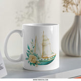 Floral Sailboat Mug, Nautical Coffee Cup, Watercolor Sailing Ship Gift, Ocean Lover Present, Unique Gift for Seafarers, Sea Theme Mug - Tawshia