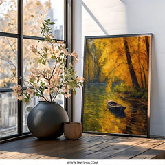Autumn River Boat Painting Wall Art, Fall Landscape Art Print, Golden Leaves Decor, Serene Scenery, Nature Inspired Artwork - Tawshia
