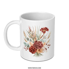 Floral Bouquet Mug, Burgundy Flowers Coffee Mug, Rustic Autumn Design, Fall Flower Lover Gift, Botanical Art Mug - Tawshia