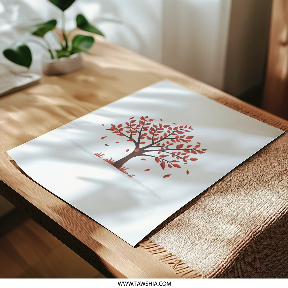 Autumn Tree Photographic Print, Fall Season Art, Minimalist Tree Wall Decor, Red Leaves, Nature Photography, Modern Home Decor, Gift Idea - Tawshia