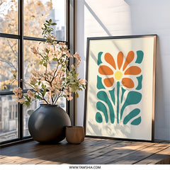 Floral Wall Art Print, Abstract Daisy, Modern Botanical Wall Decor, Retro Flower Art Print, Orange and Teal Flower Artwork - Tawshia