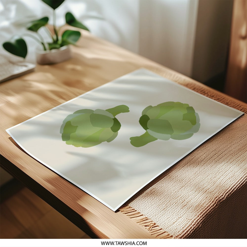 Artichoke Photographic Print, Minimalist Kitchen Wall Art, Modern Food Illustration, Botanical Art Print, Green Vegetable Art, Kitchen Decor - Tawshia