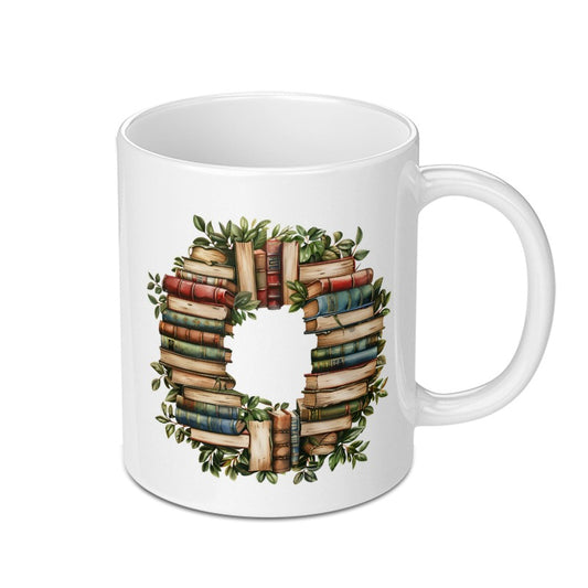 Book Lover Mug, Reader Gift Mug, Floral Book Stack Mug, Book Wreath Mug, Coffee Mug for Bookworms, Bookish Mug - Tawshia