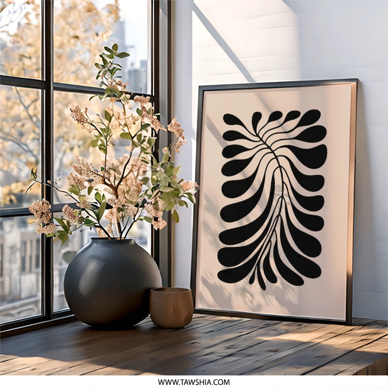 Abstract Leaf Wall Art, Minimalist Art Print, Modern Home Decor, Botanical Wall Decor, Black Beige Art, Living Room Art, Art Print - Tawshia