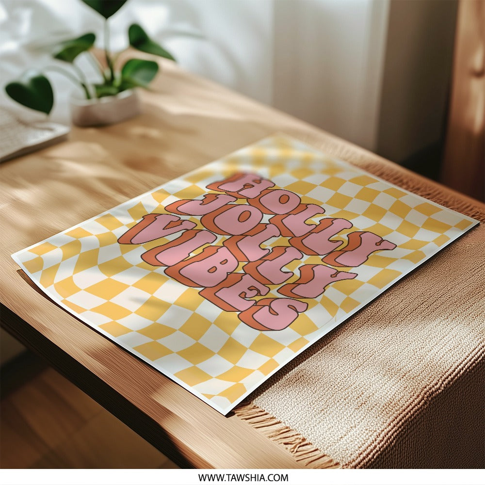 Holly Jolly Vibes Photographic Print, Retro Art Print, 70s Decor, Wavy Checkerboard Print, Holiday Wall Art, Positive Affirmation - Tawshia