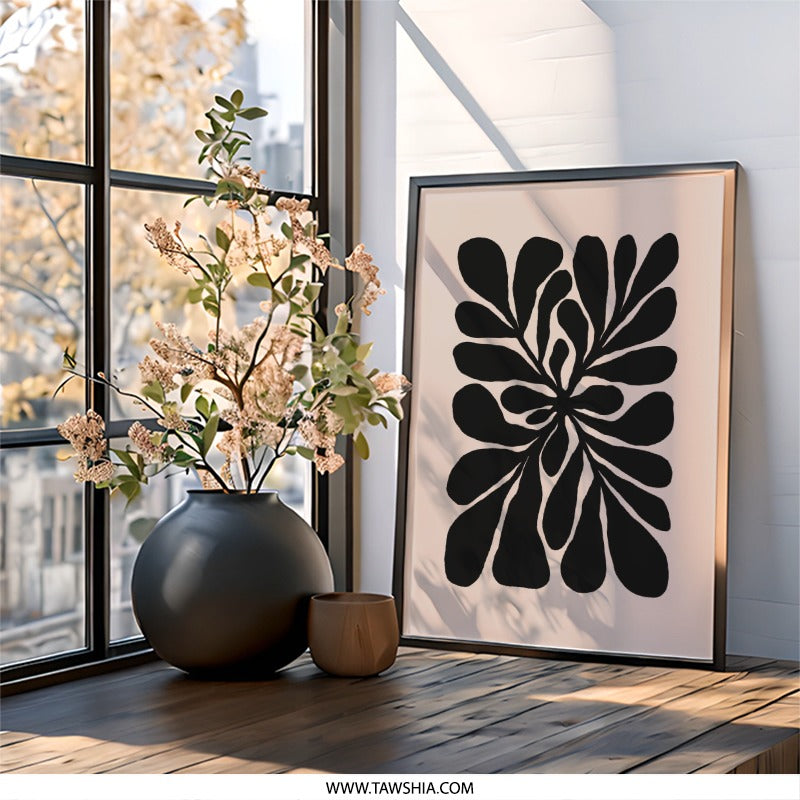 Minimalist Abstract Wall Art, Black Botanical Print, Contemporary Home Decor, Modern Art Printable, Aesthetic Poster, Framed Art - Tawshia