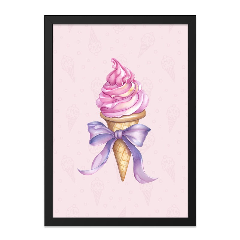 Ice Cream Framed Wall Art, Pink Dessert Decor, Sweet Treat Print, Bow Art, Kitchen Wall Art, Foodie Gift, Pastel Wall Art, Nursery Decor - Tawshia