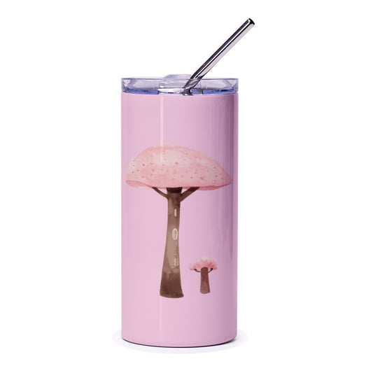 Pink Mushroom Tree Tumbler, Whimsical Design Tumbler, Nature Inspired Drinkware, Travel Mug, Stainless Steel Tumbler with Straw - Tawshia