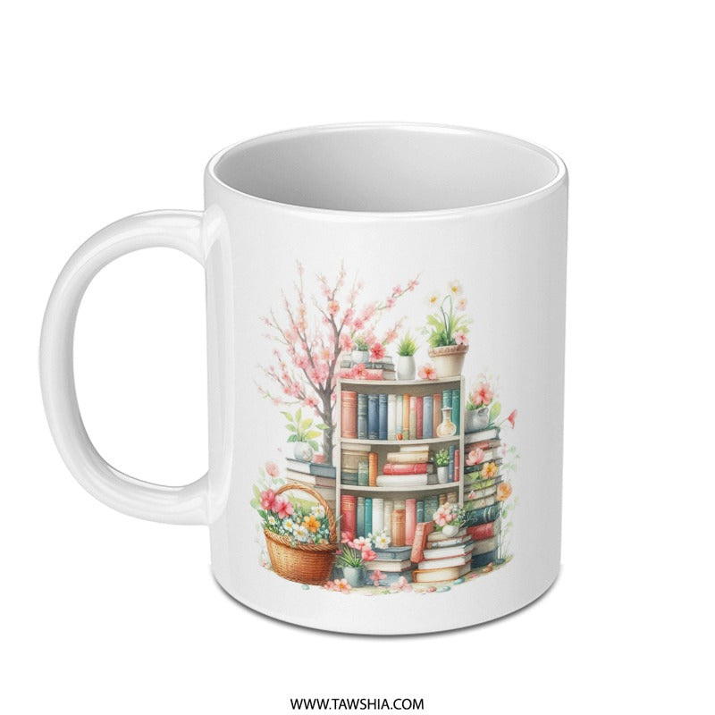 Bookshelf Mug, Floral Mug, Book Lover Gift, Reader Gift, Bookworm Mug, Cozy Mug, Aesthetic Mug, Spring Mug, Books and Flowers Mug - Tawshia