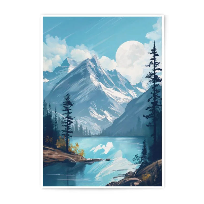 Mountain Lake Photographic Print, Snowy Peaks Art, Landscape Photo, Nature Wall Decor, Serene Scene, Moonlit Mountainscape, Home Decor - Tawshia