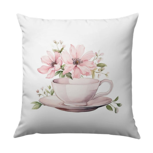 Floral Tea Cup Pillow, Watercolor Pillow, Pink Flower Pillow, Cottagecore Pillow, Unique Home Decor, Decorative Pillows, Throw Pillows - Tawshia