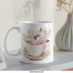 Floral Tea Cup Mug, Watercolor Flower Mug, Pink Floral Coffee Mug, Elegant Tea Lover Gift, Unique Mug Design, Cute Mug, Drinkware - Tawshia
