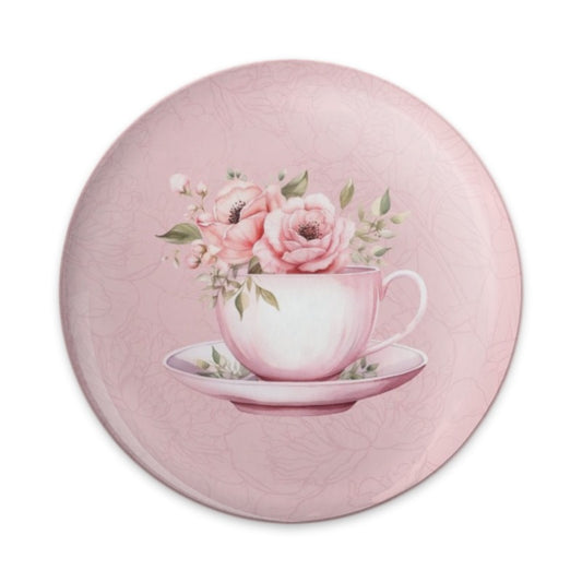 Pink Roses Teacup Pinback Button, Floral Button, Tea Party Favor, Flower Badge, Cute Accessory, Botanical Pin, Romantic Gift, Party Pin - Tawshia