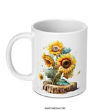 Sunflower Mug, Watercolor Floral Mug, Rustic Wood Slice Art, Coffee Mug, Tea Cup, Gift for Her, Flower Lover Gift, Unique Design Mug - Tawshia