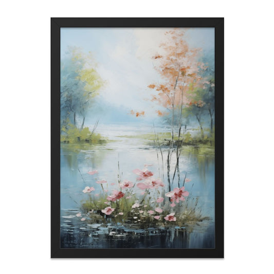 Floral Lake Wall Art, Serene Landscape Painting Print, Peaceful Nature Artwork, Riverbank Blossoms Decor, Calming Home Wall Decor - Tawshia