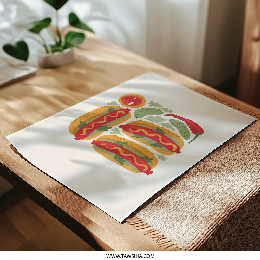Hot Dog Photographic Print, Food Art Print, Kitchen Wall Decor, Cute Food Illustration, Culinary Art, Hotdog Poster, Unique Wall Art - Tawshia