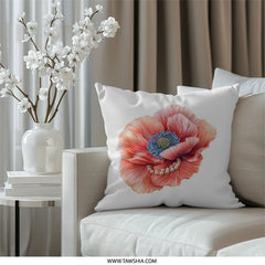 Coral Poppy Pillow, Floral Pillow, Elegant Pillow, Summer Decor, Pearl Accent Throw Pillow, Decorative Accent Pillow, Unique Pillow Gift - Tawshia