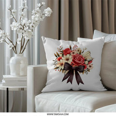 Floral Pillow Cover, Rose Bouquet Pillow, Decorative Pillow with Bow, Elegant Home Decor, Flower Accent Pillow, Throw Pillow for Couch, Sofa - Tawshia