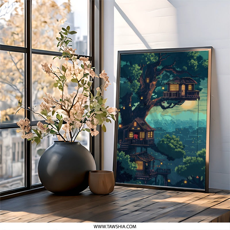 Pixel Art Wall Art, Treehouse Print, Cityscape Poster, Whimsical Home Decor, Cozy Wall Hanging, Unique Pixelated Art, Digital Art Print - Tawshia