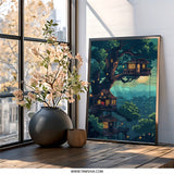 Pixel Art Wall Art, Treehouse Print, Cityscape Poster, Whimsical Home Decor, Cozy Wall Hanging, Unique Pixelated Art, Digital Art Print - Tawshia