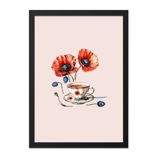 Red Poppy Tea Cup Framed Wall Art, Floral Kitchen Decor, Elegant Home Decor, Tea Lover Gift, Botanical Art Print, Flower Wall Decor - Tawshia
