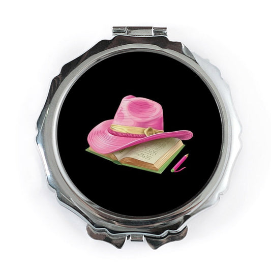 Pink Hat Pocket Mirror, Book And Pen Art, Portable Mirror, Trendy Accessories, Makeup Mirror, Gift For Her, Compact Mirror, Cowgirl Hat - Tawshia
