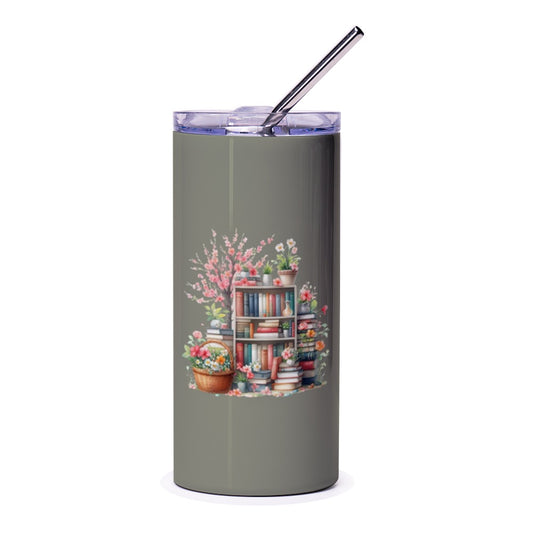 Bookshelf Flowers Tumbler, Book Lover Gift, Floral Bookcase Tumbler, Reader Gift Idea, Bookish Tumbler, Books and Blooms Tumbler - Tawshia