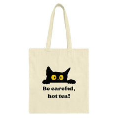 Black Cat Tote Bag, Be Careful Hot Tea, Funny Cat Lover Gift, Unique Cat Design, Cute Kitty Bag, Shopping Bag, Book Bag - Tawshia