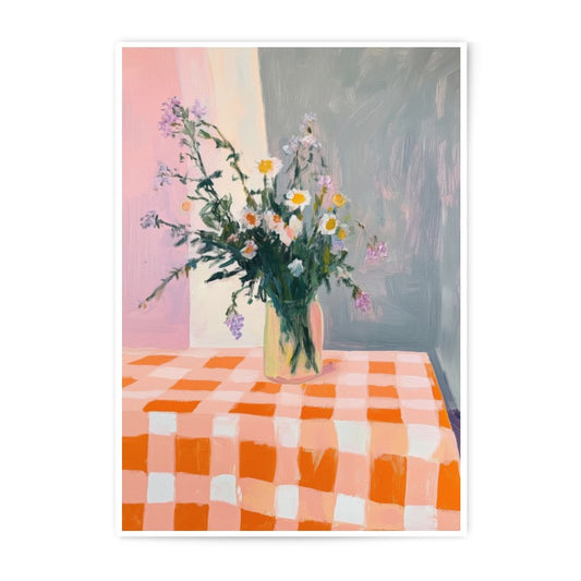 Floral Photographic Prints, Still Life Art, Kitchen Decor, Flowers in Vase, Orange Checkered Tablecloth, Colorful Wall Art, Home Decor - Tawshia