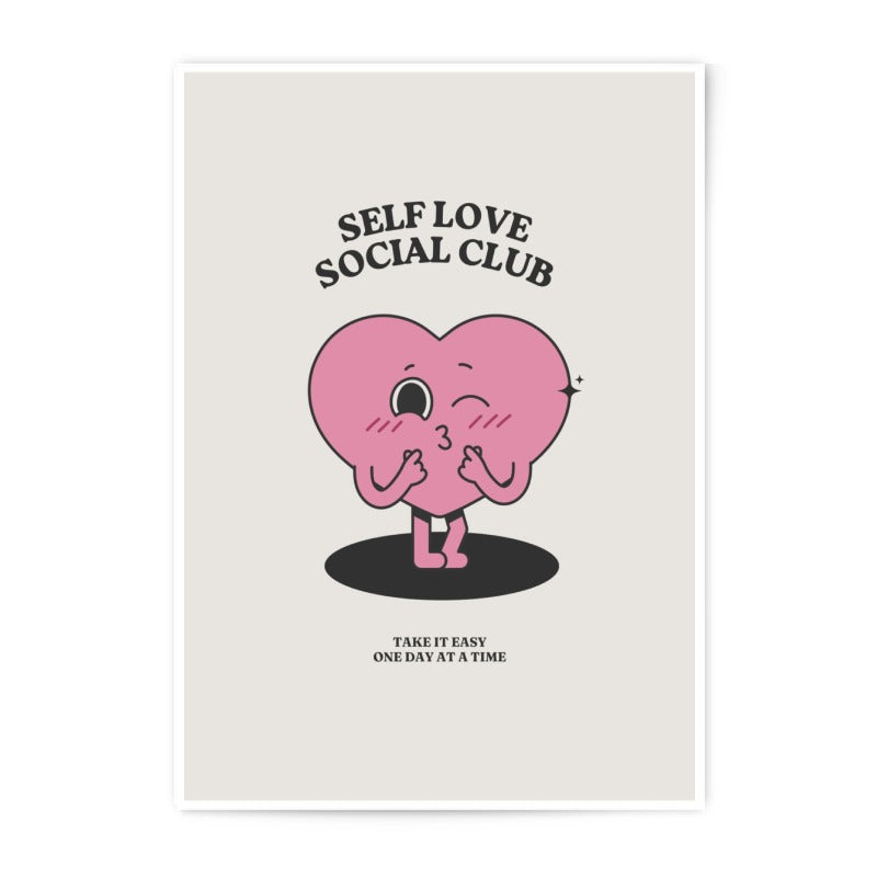 Self Love Social Club Photographic Print, Pink Heart Art, Positive Affirmation Print, Cute Cartoon Print, Motivational Wall Art - Tawshia